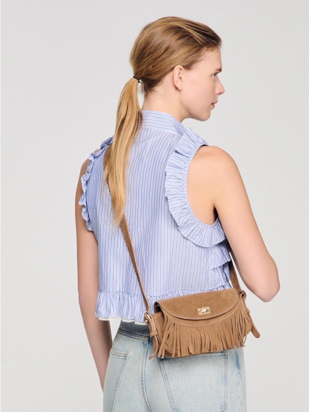 Sandro mini mambo Fringe Suede Crossbody Bag - Brown